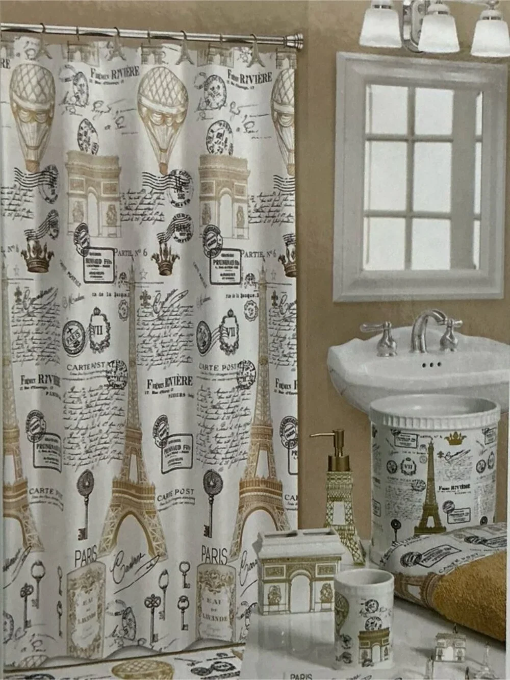 Paris Eiffel Tower Material Fabric Shower Curtain White Gold 70’x 72” NEW